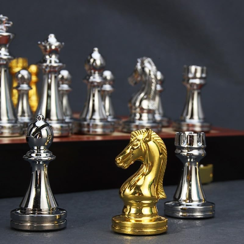 Miniatura 3 de MaGILL Juego de ajedrez internacional de ajedrez de madera, tablero de ajedrez plegable grande con piezas de ajedrez de metal dorado y plateado con