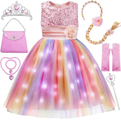 Davvew Little Girls Dress Sequin Pink Rainbow Dress Flower Girl Dress Easter Dress Light up Princess Dresses for Toddler Girls Kids Costume for Brithday Wedding Party