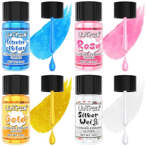 Essbarer Glitzer, 4 Farben Flüssiges Essbarer Glitzer für Getränke Lebensmittelfarben Set, Metallischer Glitzer Essbar für Kuchendekoration, Getränke, Zuckerguss, Cocktails, Erdbeeren - 10ml