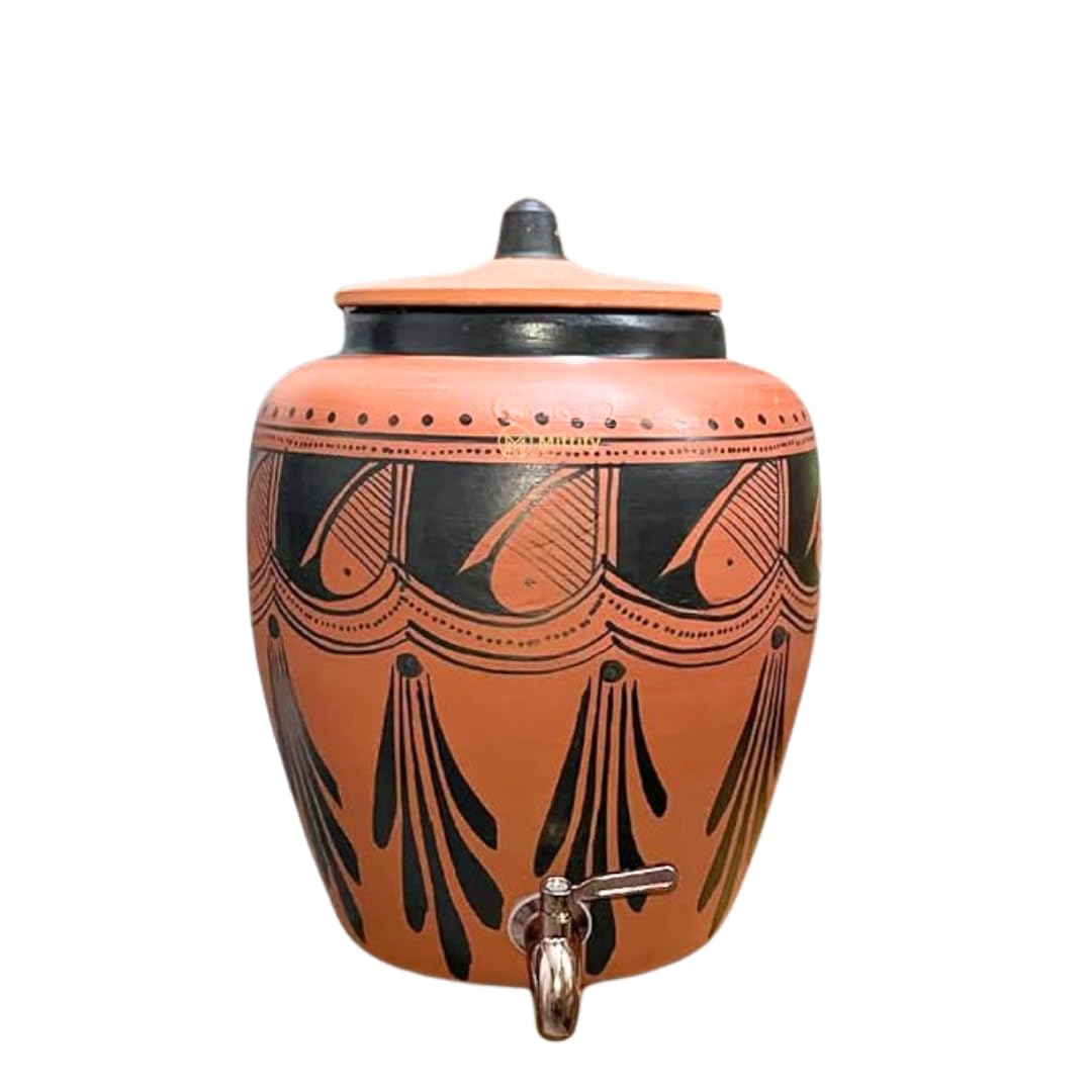 Red Clay Water with Black Spades Design Earthenware, Natural Cooling Water Dispenser Comes with Metal Tap and Lid Capacity 11 Liters (11.62 Quarts)