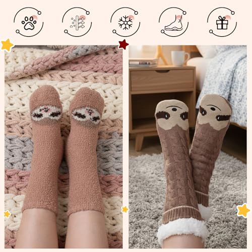 Image of Liitrsh 2 Pairs Fuzzy Slipper Socks with Grippers Animal Sock Sherpa Lining Warm Plush Animal Lover Gift for Valentine's Day