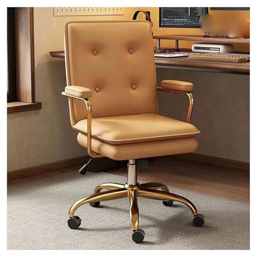 Silla De Escritorio De Imitación De Cuero con Patas Metálicas Doradas, Cómoda Silla De Ordenador Tapizada con Respaldo Y Reposabrazos Acolchados, Altura Ajustable Y Giro De 360°