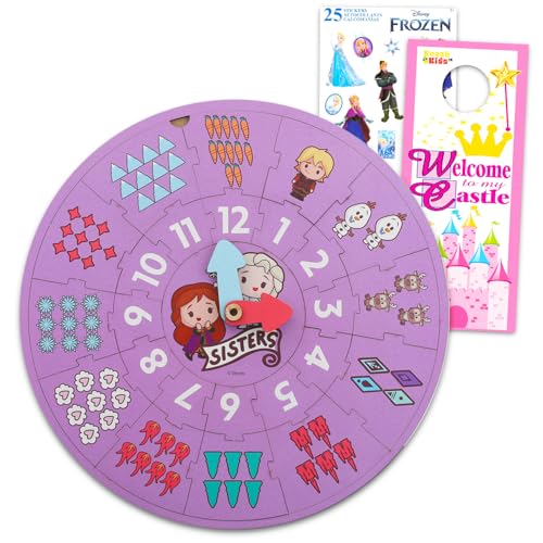 Disney Frozen Clock Puzzle Sorting Game for Toddlers, Girls - Learning Toy Bundle with Anna and Elsa Wooden Clock, Stickers, More | Disney Frozen Time Telling Teaching Wood Toys