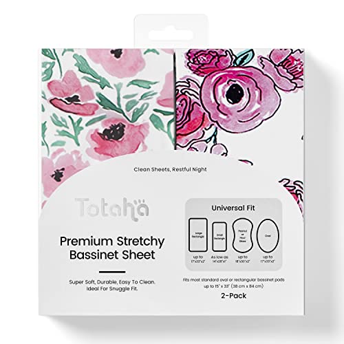 Image of TotAha Premium Stretchy Bassinet Cradle Sheets (2-Pack) Hypoallergenic, Silky Comfort, Buttery Soft, Calming Effect, All-Season Jersey-Knit Sheets,32 X 16 X 3''(Watercolor Flowers & Gouache Flowers)