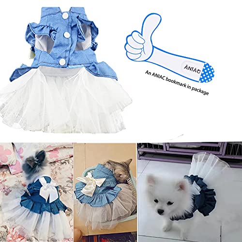 Aniac Dog Denim Dress With Cute Bow-Knot Puppy Birthday Princess Skirt Pet Clothing White Lace Tutu Outfit For Cats And Small Medium Dogs (Small) #TOP1