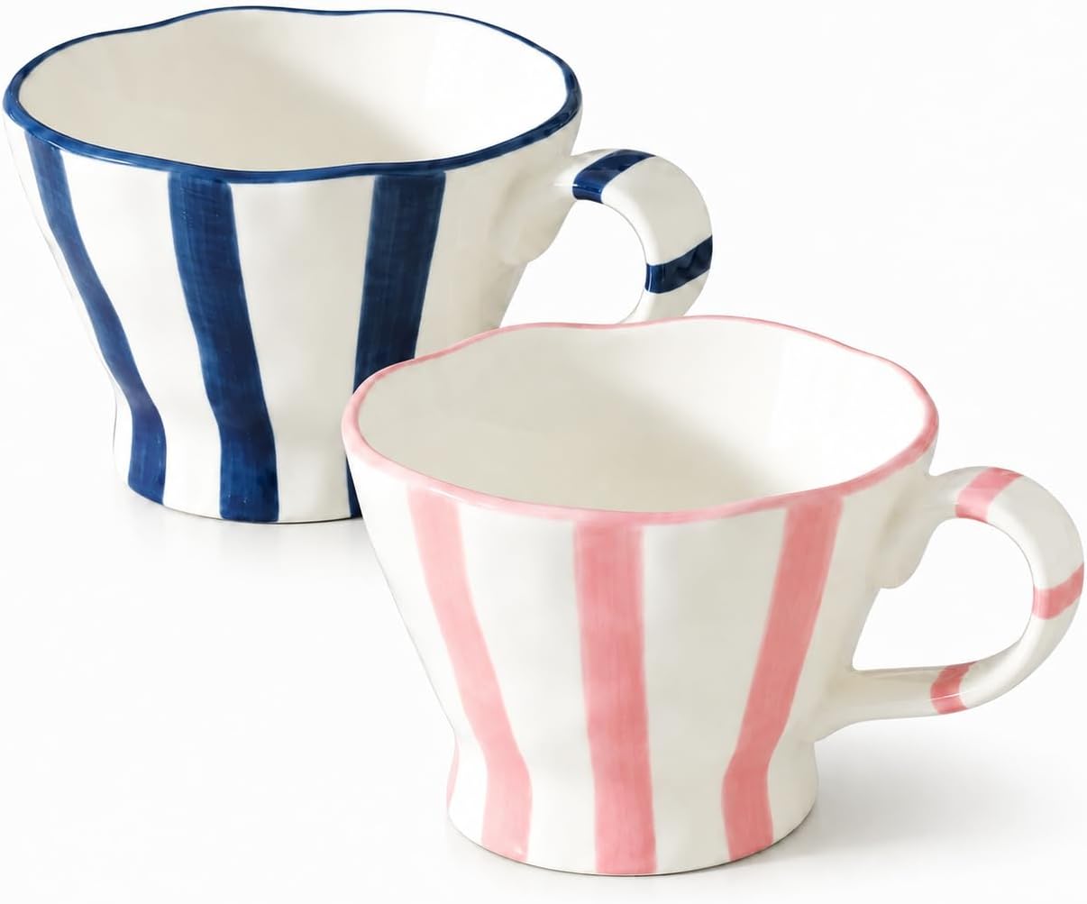 Hand-Painted Stripe Ceramic Coffee Mug – Set of 2 Microwave & Dishwasher Safe, Ergonomic Handle, Perfect for Coffee, Tea, or Hot Chocolate, 8oz Coffee Mugs Gift Set for Home & Office (Green&Brown)