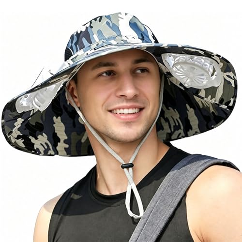 Mens Solar Fan Hat with Dual Cooling Fans Solar & USB Rechargeable UPF 50+ Wide Brim Sun Hat for Fishing Gardening Hiking (US Alpha One Size Large camo Gray)