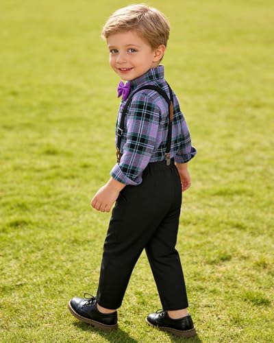 Image of SANGTREE Boys Gentleman Clothes Set, Short Sleeve Shirt with Bowtie + Suspender Pants Outfit, 3 Months - 6 Years