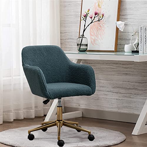 Modern Faux Fur Home Office Chair, Upholstered Fluffy Chair Makeup Vanity Chair for Teen Girls Swivel Desk Chair with Gold Base, Height Adjustable Leisure Elegant Office Chair, Green
