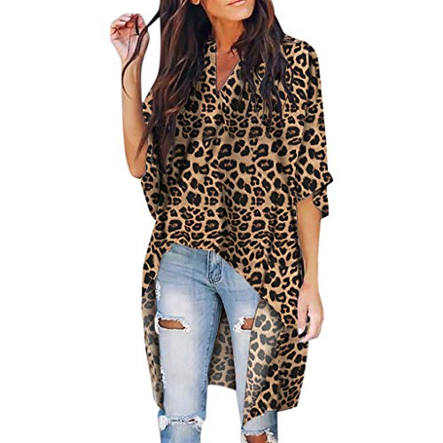 Leopard Print T-Shirt for Women V-Neck Irregular Half Sleeve Tops Blouses Loose Casual Sweatershirt Outwear WEI MOLO