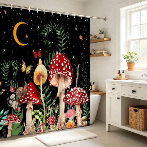 Renaiss 72x72 Inches Mushroom Boho Shower Curtain Retro Red Mushrooms Butterfly Botanical Wildflowers Green Plant Starry Night Sky Shower Curtains for Bathroom Decor Waterproof Fabric with Hooks