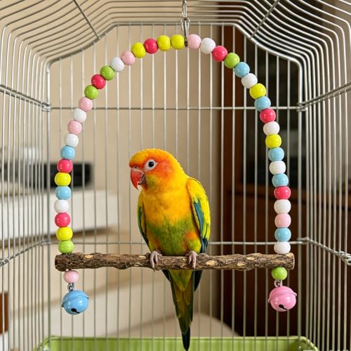 Image of Wooden Bird Swing, 9 Inches Hanging Bird Cage Perches with Playing Bell, Natural Bird Chew Toys Boredom Breaker Bird Toys for Parakeets, Budgie, Cockatiel (Macaron Colors, L)
