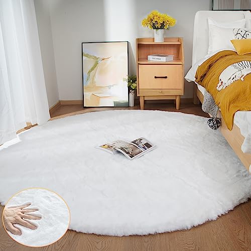 White Shag Round Rugs 8ft for Dining Room Table Faux Bunny Machine Washable Fur Area Rugs for Bedroom Living Room Nursery Circle Rug