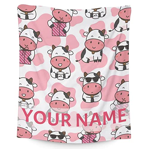 Personalized Cow Blanket Gifts with Name - 40"x50" Cute Throw for Women, Girls - Pink Soft Fuzzy Blankets for Couch & Sofa