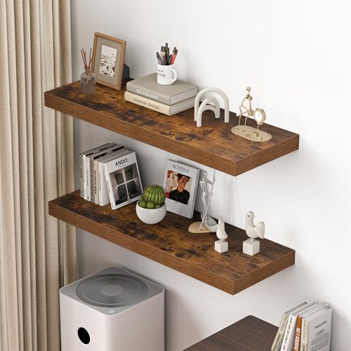 Image of Dreamland 40 inch Floating Shelves for Wall, 12 inch Deep Thicker Floating Shelves, Wall-Mounted Shelves for Bedroom, Living Room, Kitchen, Bathroom,Rustic Brown - Set of 2