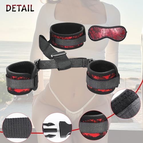 Image of BDSM Neck to Wrist Restraints Bondage Set - Behind Back Handcuffs Collar with Blindfold Adjustable Bondage Set Bed SM Games Play Sex Toys for Couples Red