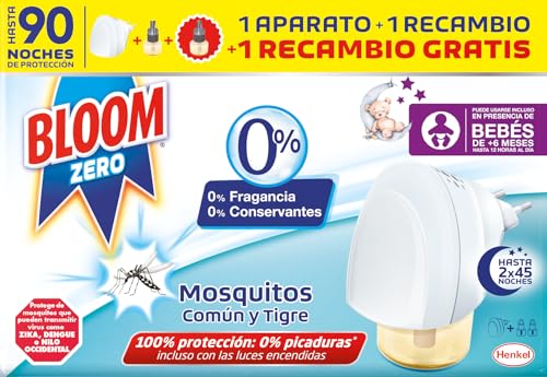 Bloom Zero Eléctrico Líquido (1 aparato + 2 recambios), insecticida con 0% conservantes y 0% fragancia, antimosquitos eléctrico para interiores, 1