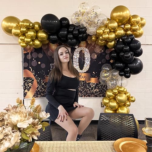 Image of Black and Gold Balloons Kit, 12 Inches Metallic Gold Balloons Confetti Balloon and Black Balloons with Ribbon for Birthday Graduation New Year Decorations.50Pcs