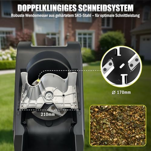 Bild 2 - Gartenhäcksler,Häcksler Garten mit 45L Fangbox,Gartenhäcksler elektrisch leise robust wartungsarm, Starke 2500 Watt, Aststärke bis 44mm, Transporträder,Stopfer