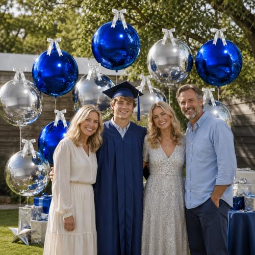 Image of 9 Pcs Blue Silver Round Foil Balloons Dark Navy Blue Metallic Silver Chrome 4D Ball Balloons 22 In Orbz Mylar Balloon for Graduation Grad Birthday Wedding Anniversary Disco Party Decorations