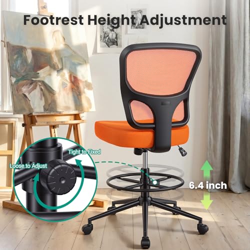 Image of Armless Drafting Chair Tall Office Chair for Standing Desk - Adjustable Height Mesh Ergonomic Drafting Stool with Foot Ring & Wheels, Rolling Counter Height Computer Chair for Home Office