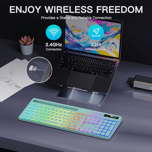Image of Wireless Keyboard with 7-Color RGB Backlit, Soueto Full-Size Computer Keyboard with Phone Tablet Holder, 2.4G Rechargeable Gaming Keyboard with Light Up Keys, Compatible with Mac, Windows (Mint Green)