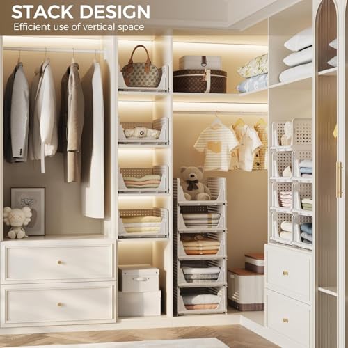 Image of HOMIFLY Pack of 10 Large Foldable Cloth Storage Organizer /Stackable Wardrobe Organizer For Clothes /Multipurpose Sliding Basket /Rack Organiser Storage /Shirt Stacker Box (44 x 33 x 181 cm, White)