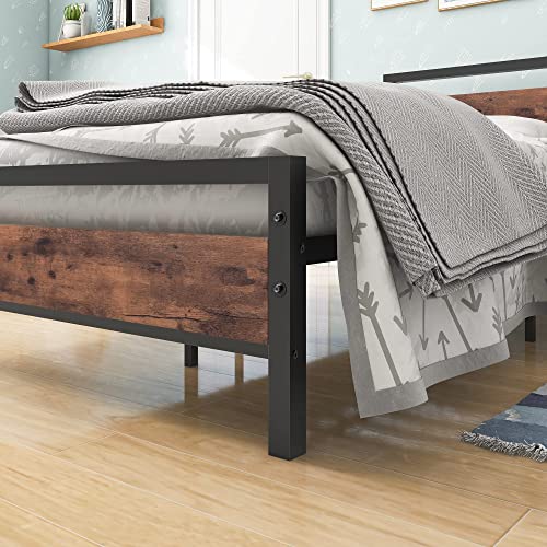 Image of BOFENG Twin Size Bed Frame with Vintage Wood Headboard Farmhouse Bed,Heavy Duty Metal Platform Single Bed Frames No Box Spring Needed,Firm Mattress Foundation Steel Slat Support Easy Assembly(Brown)