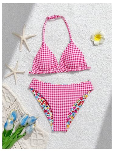 Image of BEAUDRM Girl's 2 Piece Floral Print Swimsuits Halter Triangle Bikini Boho High Waisted Bathing Suit