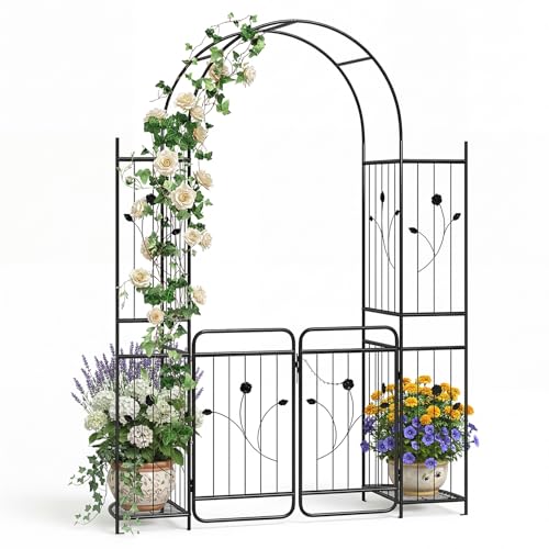 GYMAX Arche Jardin en Métal 220cm avec & 2 Étagères pour Plantes Grimpantes, Arche Treillis Décorée de Fleurs & Feuilles, Arcade d'Extérieur pour...