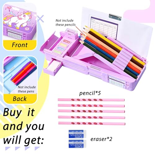 Image of Pop Up Multifunction Pencil Case with Pencil and Eraser, Cute Cartoon Pen Box Organizer Stationery, Sharpener, Schedule, Best Birthday Gifts for Kids Teens(Purple unicorn)