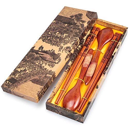 Chinese Chopsticks with Wooden Spoons, Dragon and Phoenix Chopsticks?Carrying Bag Chopsticks Gift Set with Unique Package(2 pairs)