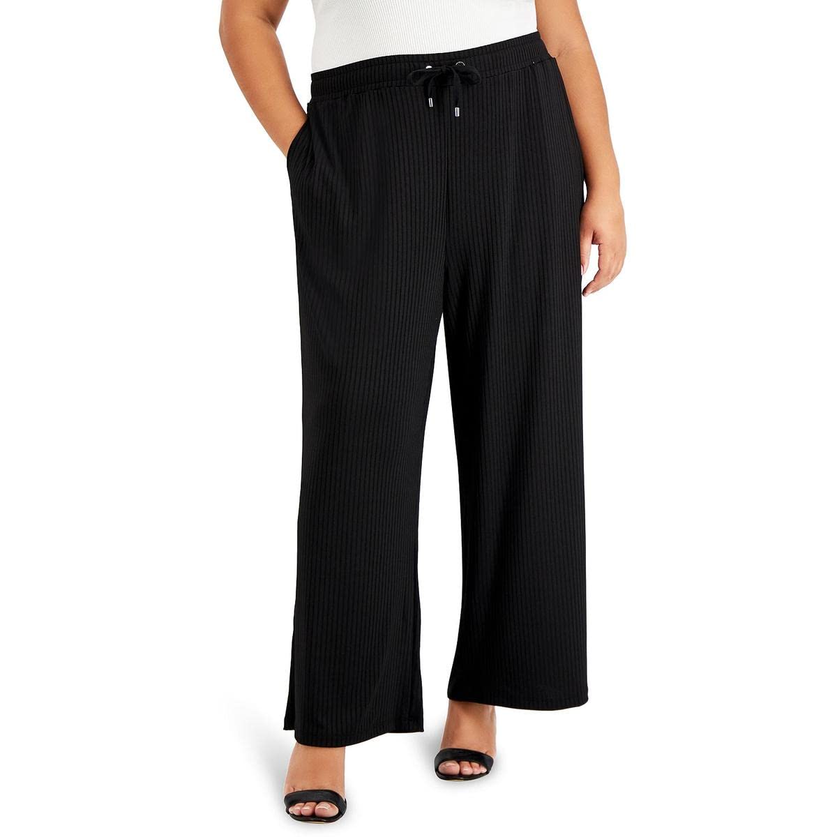 Calvin Klein Plus Size Ribbed Wide Leg Pants Black 1X