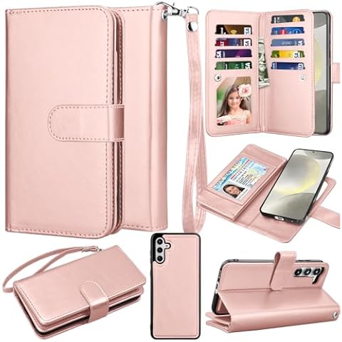 Takfox for Samsung Galaxy S24 Wallet Case, Galaxy S24 Case Wallet, PU Leather Credit Card Holder Phone Case [9 Card Slots] Folio Flip Detachable Magnetic Cover Kickstand & Carrying Strap-Rose Gold Cover