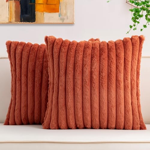 Aegero Pack of 2 Faux Fur Christmas Throw Pillow Covers 20x20 Inch, Soft Plush Striped Neutral Couch Pillow Cover, with Velvet Back Modern Home Decor for Sofa Living Room Couch Bed Rust