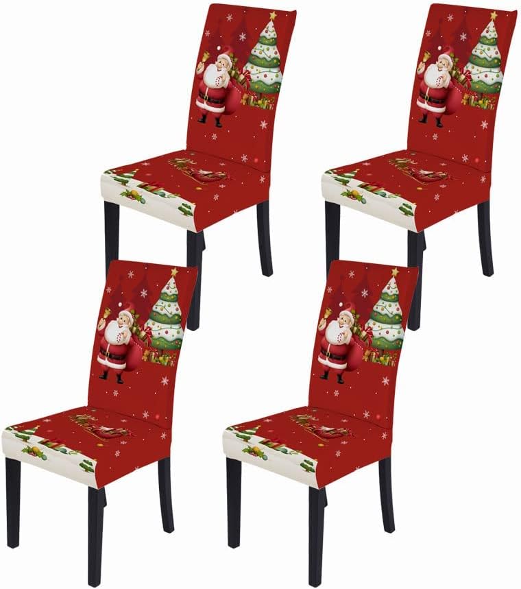 Christmas Chair Covers Stretch Removable Washable Home Hotel Dining Room Chair Protector Slipcovers Snowflakes Elk Tree Buffalo Plaid Checkered Chair Covers (White, Set of 4)