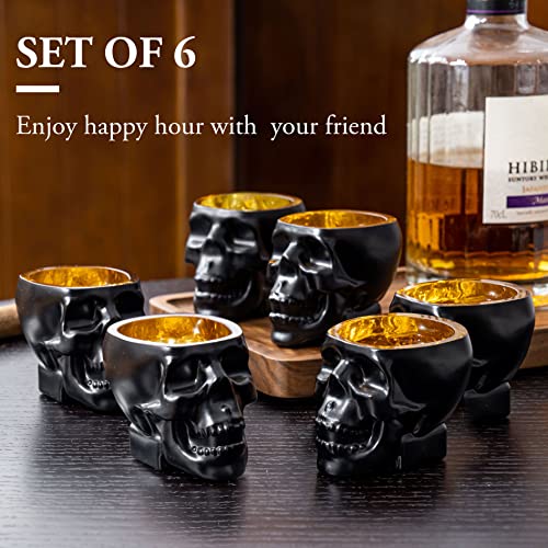 Mygift 2.8 Oz Novelty Skull Shaped Shot Glasses In Matte Black And Gold Tone, Decorative Spooky Halloween Skeleton Face Liquor Shooter Glass, Set Of 6 #TOP1