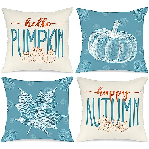 Ywlake Teal 18x18 Throw Fall Pillow Covers Set of 4, Maple Leaf Pumpkin Decorative Holiday 18 x 18 Autumn Cushion Covers Thanksgiving Pillow Case for Indoor Home Bedroom Couch Sofa Decor