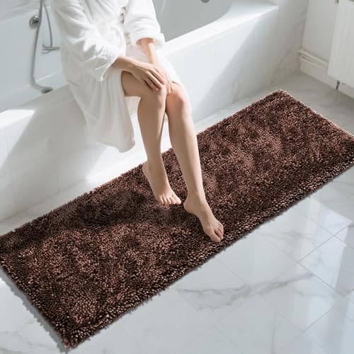 Image of Yimobra Long Bathroom Rugs Runner 70x24 Inch, Extra Thick Soft Absorbent Chenille Bath Mat, Non Slip Machine Washable, Quick Dry Bath Rugs for Bathroom Floor, Tub and Shower, Brown
