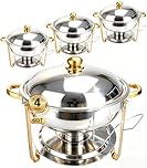 Beviliu Chafing Dish Buffet Set, 4 Pack 6.8 Litre Round Chafing Dishes & Food Warmers, Gold Chafing Dishe for Buffet, Stainless Steel Chafer for Catering Lid & Lid Holder, Food Warmers for Any Partie