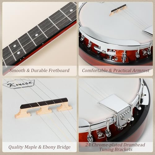 kmise banjo 5 string banjosprofessional full size 38 inch open or closed back with resonator bridge strings pack finger picks strap case tuner accessories set gift choice for adults beginner