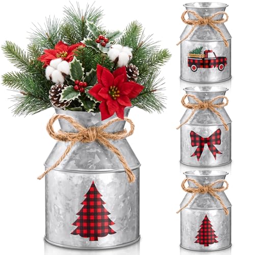 Domensi 3 Pcs Christmas Flower Vases for Table Centerpieces Bulk 5.12 Inch Rustic Metal Galvanized Flower Buckets with Bow Farmhouse Buffalo Plaid Xmas Milk Can Jug for Kitchen Dining Table Decor