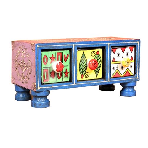 Image of Rectangular Lacquered 3-Drawer Wooden Chest with Ceramic Drawers (Standard Size, Multicolour)