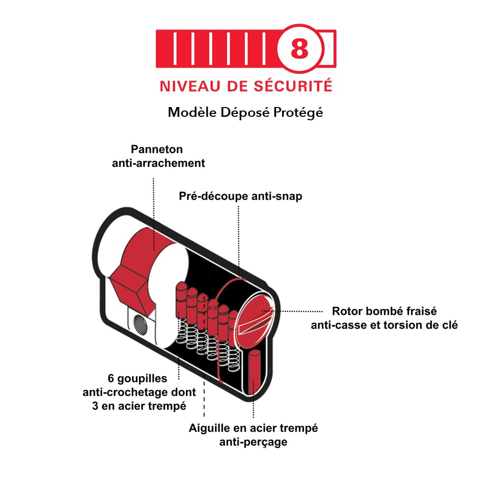 THIRARD Cylindre de serrure à bouton T2, anti-effraction, 40B x 30 mm | Finition nickel, 5 clés fournies, bouton intérieur, usage résidentiel, haute sécurité, installation facile, standard européen