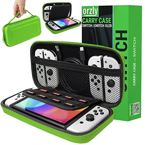 Orzly Carrying case for Nintendo Switch OLED and Switch Console - Green Protective Hard Portable Travel case Shell Pouch for Nintendo Switch Console & Accessories