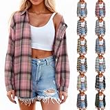 Womens Flannel Shirt,Plaid Shirts for Women Pink Long Sleeve Oversized Button Down Plaid Shirts Collared Business Loose Fit Cowgirl Tops Fall Outfits Blouses Dressy Casual(02-Pink,Medium)