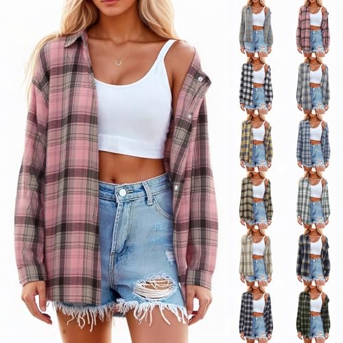 Flannel Shirt Women Casual Long Sleeve Button Down Plaid Shirts Collared Business Casual Loose Fit Cowgirl Tops