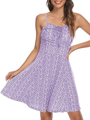Image of Missufe Spaghetti Strap Floral Mini Dress Women's Casual Ruched Front Drawstring Swing Sundress