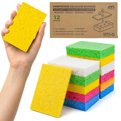 Metflavor Compressed Kitchen Sponges 12 Count Thick Non-Scratch Cellulose Dish Sponges Biodegradable & Compostable Pop-up Cleaning Sponge 5 x 3 x 1