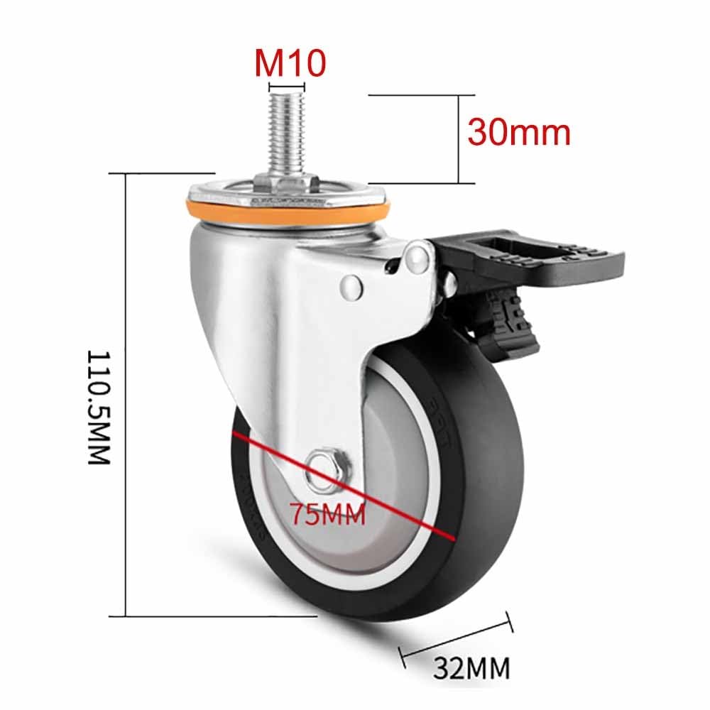 Roulettes Pivotantes Industriel 63/75/100/125mm, 4 Pièces M10 Roulette à Tige Filetée avec Frein, Roues Silencieux en Caoutchouc de Rechange (Size : 4"/100mm)